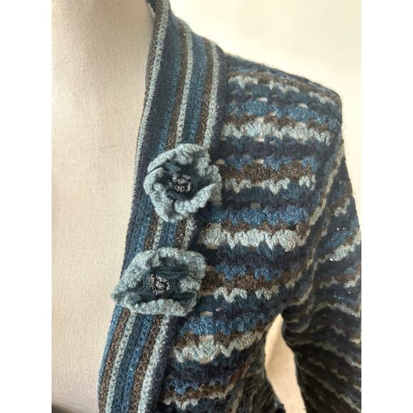 Vintage Y2K Blue & Metallic Brown Crochet Knit Rosette Cardigan - Picture 2 of 7
